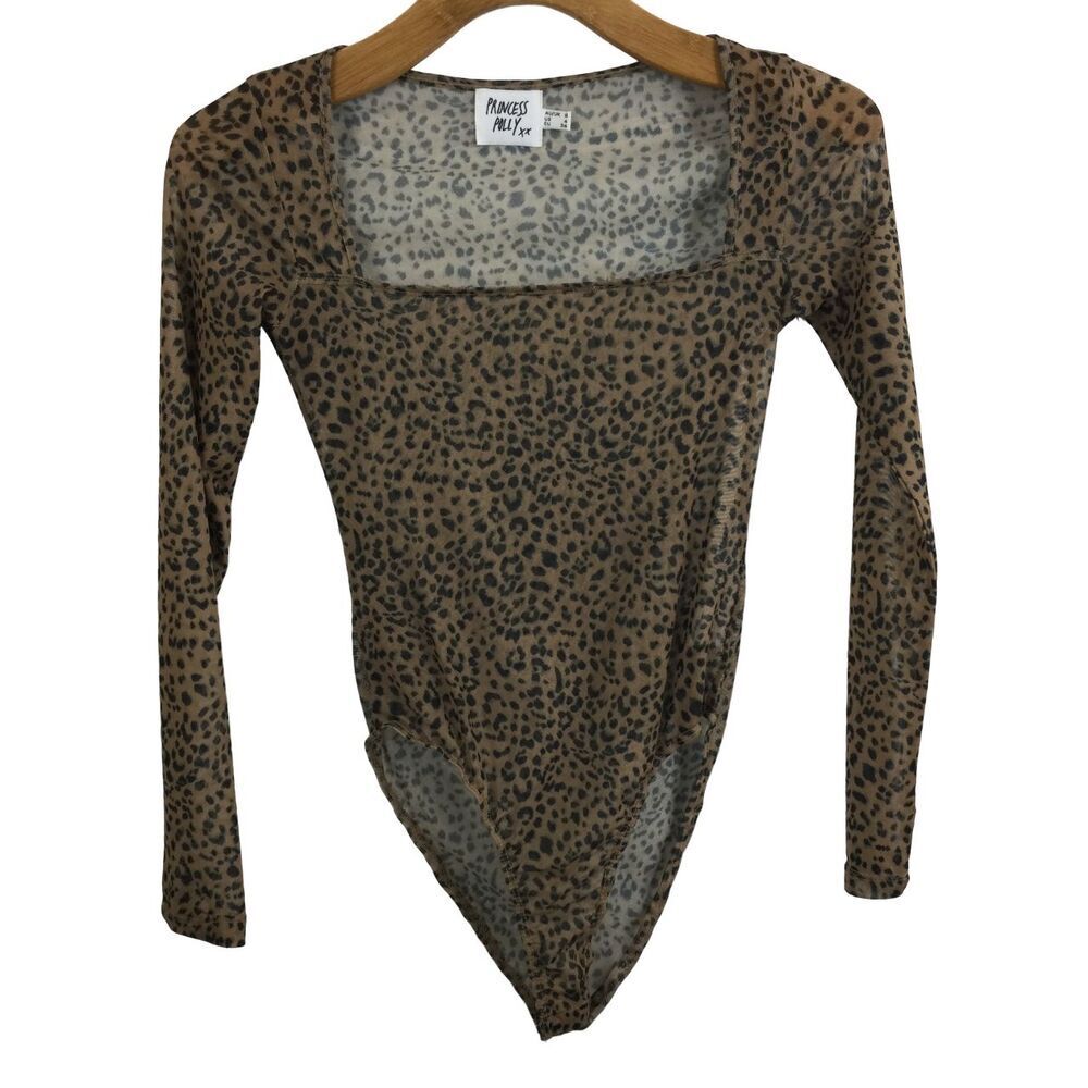 Princess Polly Womens Cheetah Print Square Neck Mesh Long Sleeve Bodysuit Size 4